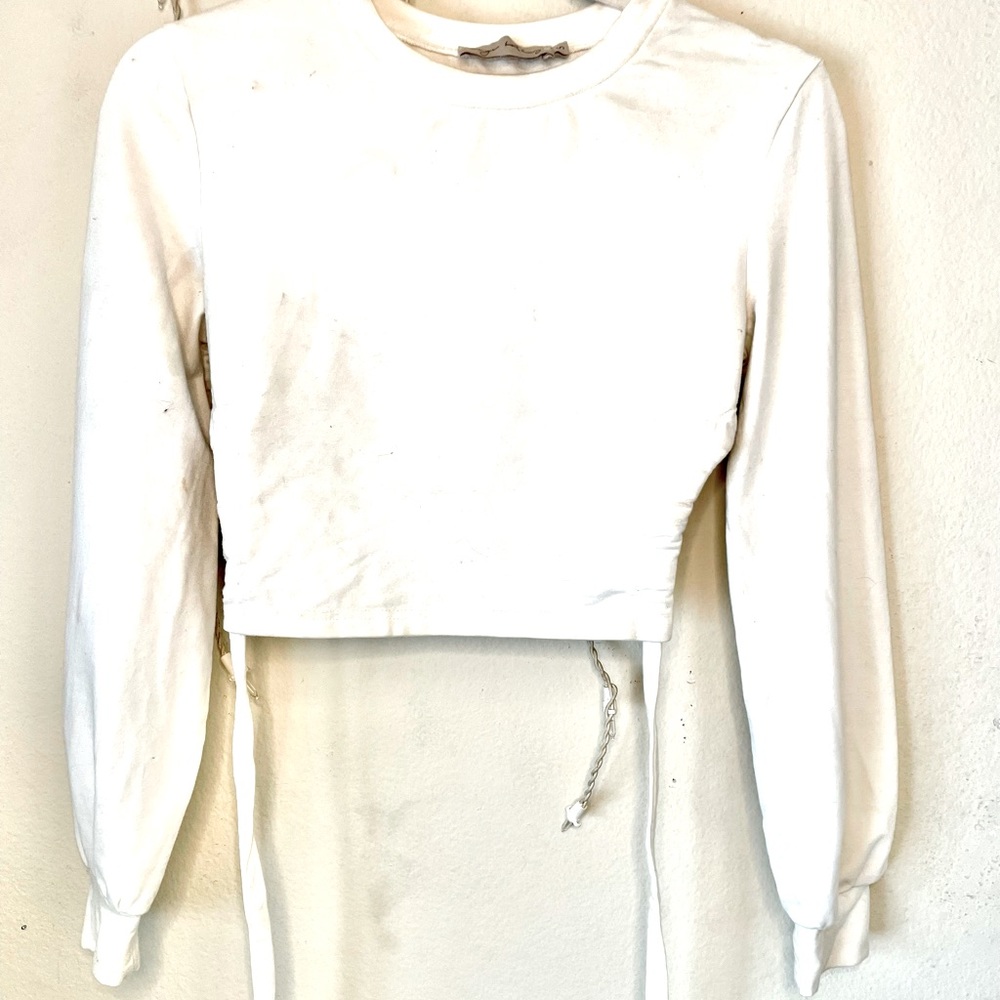 Beige Botany Long Sleeve White Crop Open Back With Tie Around Waist Tassels